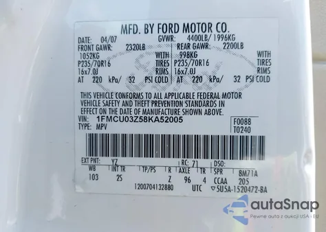 2008 Ford Escape Xlt from USA, damaged, VIN 1FMCU03Z58KA52005